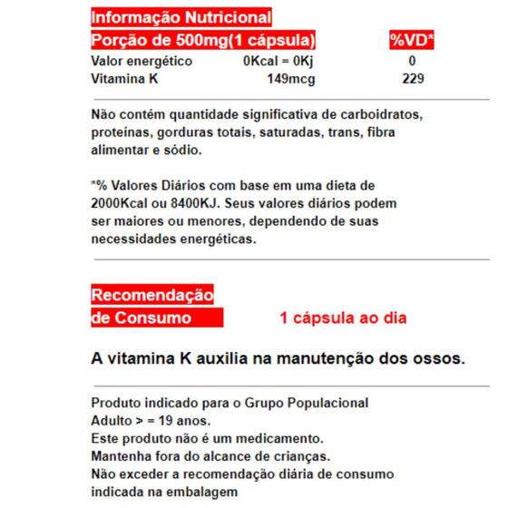 Vitamina K2 Mk7 Menaquinona Chamel 60 Cápsulas 500 Mg