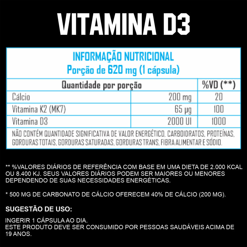 Vitamina D3 Vit D + K2 Mk7 + Cálcio - 60 Cápsulas